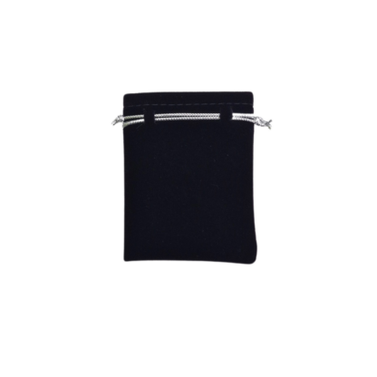 Black Suede Small Jewellery Bag, Shiny Silver Cord 80 x 60mm